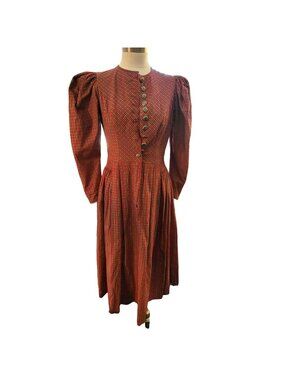 Vintage Hoefer Prarie Dress Red Green Plaid Long Sleeve Buttons Size 8 jj3615